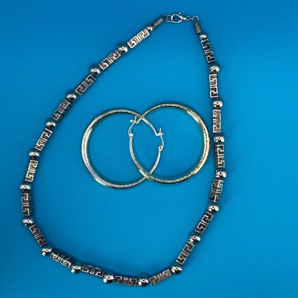 Silver Tone Greek Key Meander Bead Necklace & Large‎ Hoop Earring Set Pre-Owned